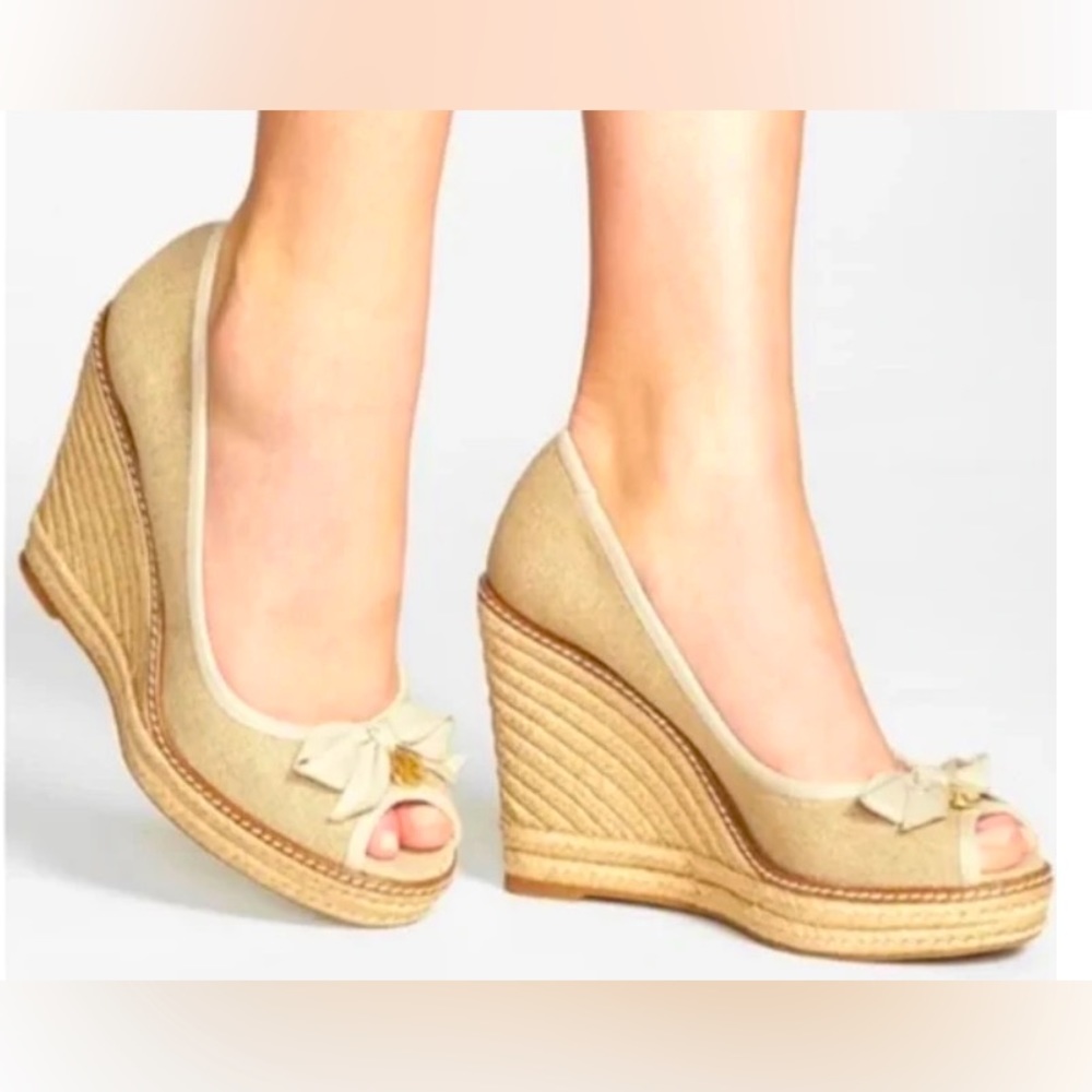 Tory Burch Tan Logo Bow Canvas Espadrille Wedge